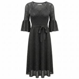 Cynthia Rowley Gray Crochet Dress MedkumKnit Midi Dress Boho Lagenlook Statement